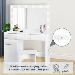 Dressing Table Led Lights Mirror Stool Drawers Vanity Makeup Desk - thumbnail 2