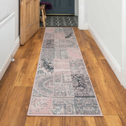 Loomed Blush Pink Grey Traditional Patchwork Living Room Runner Rug 60X240Cm - thumbnail 2