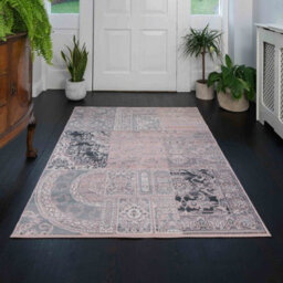 Loomed Blush Pink Grey Traditional Patchwork Living Room Runner Rug 60X240Cm