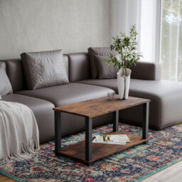 Urbn-Living Urbnliving 80Cm Width Rustic Brown With Black Legs 2 Tier Coffee Side Table With Shelf Tv Stand - thumbnail 2