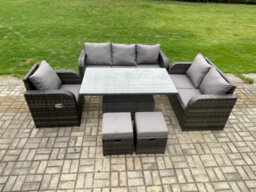 Fimous Outdoor Rattan Furniture Garden Dining Set Height Adjustable Rising Lifting Table Reclining Chair Sofa With Footstools - thumbnail 2