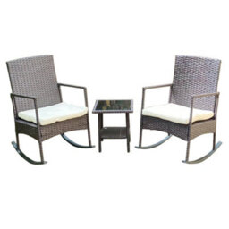 3-Piece Outdoor Rattan Bistro Set, 2 Seater Patio Rocking Chairs With Glass Top Coffee Table - thumbnail 2