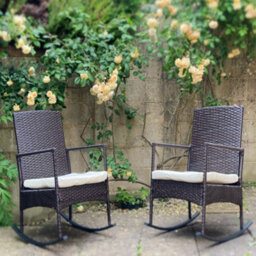 3-Piece Outdoor Rattan Bistro Set, 2 Seater Patio Rocking Chairs With Glass Top Coffee Table - thumbnail 4