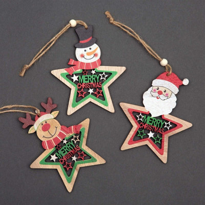 Shatchi Christmas Tree Ornaments Wooden Aesthetic Hanging Decorations Painted Stars 3Pcs - image 1