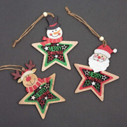 Shatchi Christmas Tree Ornaments Wooden Aesthetic Hanging Decorations Painted Stars 3Pcs - thumbnail 1