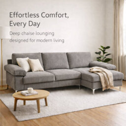 SquareBoxx Venossa L Shaped Corner Sofa With Chaise Lounge A 4 Seater Modern Jumbo Cord Sofa, Deep Seat Comfort, Plush Cushions & Chrome Legs - thumbnail 2