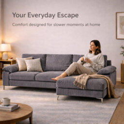 SquareBoxx Venossa L Shaped Corner Sofa With Chaise Lounge A 4 Seater Modern Jumbo Cord Sofa, Deep Seat Comfort, Plush Cushions & Chrome Legs - thumbnail 7
