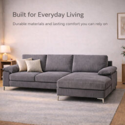 SquareBoxx Venossa L Shaped Corner Sofa With Chaise Lounge A 4 Seater Modern Jumbo Cord Sofa, Deep Seat Comfort, Plush Cushions & Chrome Legs - thumbnail 6