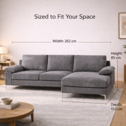 SquareBoxx Venossa L Shaped Corner Sofa With Chaise Lounge A 4 Seater Modern Jumbo Cord Sofa, Deep Seat Comfort, Plush Cushions & Chrome Legs - thumbnail 5