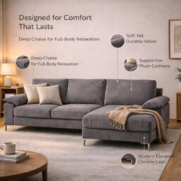 SquareBoxx Venossa L Shaped Corner Sofa With Chaise Lounge A 4 Seater Modern Jumbo Cord Sofa, Deep Seat Comfort, Plush Cushions & Chrome Legs - thumbnail 4
