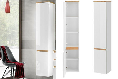 Impact Furniture Tall Slim Bathroom Cabinet Wall Hung Storage Unit Modern Scandi Shelving White Gloss Oak Plat - image 1