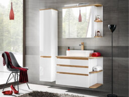 Impact Furniture Tall Slim Bathroom Cabinet Wall Hung Storage Unit Modern Scandi Shelving White Gloss Oak Plat - thumbnail 9