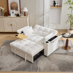 Matteo Beige 2-Seater Click Clack Pull-Out Sofa Bed With Usb Ports, Cup Holders & Adjustable Backrest