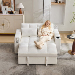 Matteo Beige 2-Seater Click Clack Pull-Out Sofa Bed With Usb Ports, Cup Holders & Adjustable Backrest - thumbnail 2