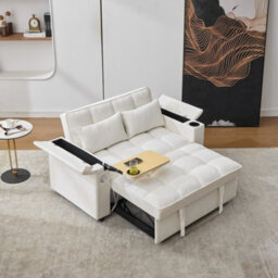 Matteo Beige 2-Seater Click Clack Pull-Out Sofa Bed With Usb Ports, Cup Holders & Adjustable Backrest - thumbnail 7