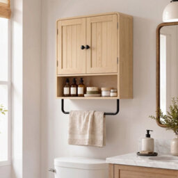 Homcom Bathroom Cabinet With 2 Doors And Adjustable Shelf, Oak - thumbnail 1