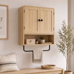 Homcom Bathroom Cabinet With 2 Doors And Adjustable Shelf, Oak - thumbnail 9