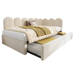 Btm 3Ft Upholstered Daybed 90X190 Cm, Single Sofa Bed With Pull Out Guest Bed, Slatted Frame, Velvet, Beige, No Mattress - thumbnail 7