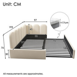 Btm 3Ft Upholstered Daybed 90X190 Cm, Single Sofa Bed With Pull Out Guest Bed, Slatted Frame, Velvet, Beige, No Mattress - thumbnail 2