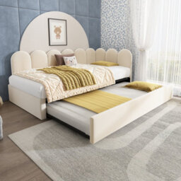 Btm 3Ft Upholstered Daybed 90X190 Cm, Single Sofa Bed With Pull Out Guest Bed, Slatted Frame, Velvet, Beige, No Mattress