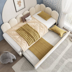 Btm 3Ft Upholstered Daybed 90X190 Cm, Single Sofa Bed With Pull Out Guest Bed, Slatted Frame, Velvet, Beige, No Mattress - thumbnail 9