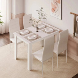 White Dining Table And 4 Pu Faux Leather Chairs Wooden Dining Set Kitchen Room - thumbnail 4