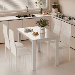 White Dining Table And 4 Pu Faux Leather Chairs Wooden Dining Set Kitchen Room - thumbnail 5