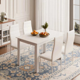 White Dining Table And 4 Pu Faux Leather Chairs Wooden Dining Set Kitchen Room - thumbnail 6