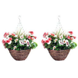 Best Artificial Pair Of 30Cm 10 Inch Pink & White Pansy Flower With Decorative Rattan Hanging Baskets For Indoor Outdoor Garden Use