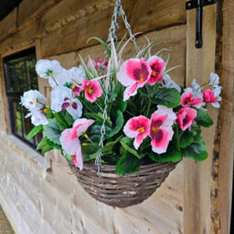 Best Artificial Pair Of 30Cm 10 Inch Pink & White Pansy Flower With Decorative Rattan Hanging Baskets For Indoor Outdoor Garden Use - thumbnail 6
