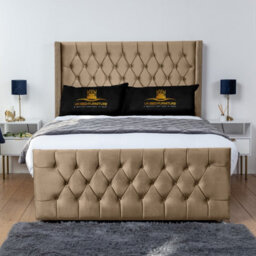 UKBEDFURNITURE Emily Beige Plush Wingback Divan Bed Base With 54 Inch Headboard & 10 Inch Orthopaedic Mattress - No Storage - thumbnail 1
