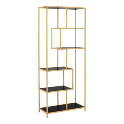 Furniture To Go Seaford Tall Gold Metal Bookcase With 5 Black Shelves - image 1
