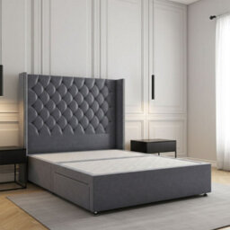 REGIONAL FURNISHINGS Steel Plush Velvet Divan Bed Set Upholstered 54Inch Headboard 2Drawers Footend & No Mattress In Double King 4Ft 6Ft Sizes - thumbnail 1