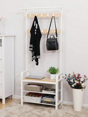 Songmics Vasagle Coat Rack, Coat Stand With Shoe Storage Bench, 4-In-1 Design, With 9 Removable Hooks, A Clothes Rail,oak And Cream