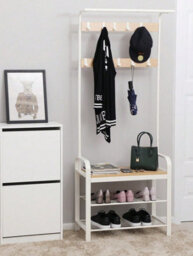 Songmics Vasagle Coat Rack, Coat Stand With Shoe Storage Bench, 4-In-1 Design, With 9 Removable Hooks, A Clothes Rail,oak And Cream - thumbnail 2