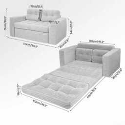 Light Gray 2-In-1 Convertible Sofa Bed, Corded Fabric Loveseat Futon With High-Density Foam - thumbnail 2
