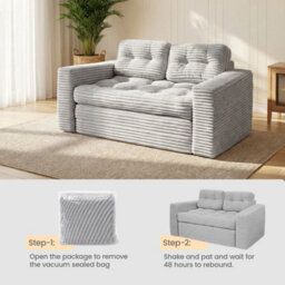 Light Gray 2-In-1 Convertible Sofa Bed, Corded Fabric Loveseat Futon With High-Density Foam - thumbnail 3