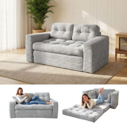 Light Gray 2-In-1 Convertible Sofa Bed, Corded Fabric Loveseat Futon With High-Density Foam