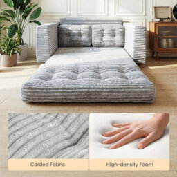 Light Gray 2-In-1 Convertible Sofa Bed, Corded Fabric Loveseat Futon With High-Density Foam - thumbnail 4