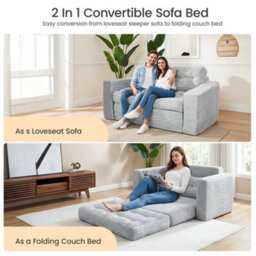 Light Gray 2-In-1 Convertible Sofa Bed, Corded Fabric Loveseat Futon With High-Density Foam - thumbnail 5