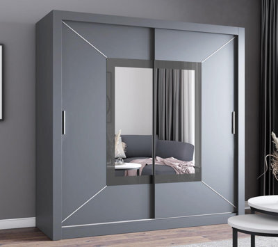 Fhif Venicia 203Cm Grey Sliding Door Wardrobe Modern Bedroom Storage With Full Length Mirror Shelves And Hanging Rails - image 1