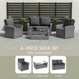 Lassic Vida Designs 4 Seater Garden Rattan Set With Outdoor Sofa, Table And Chairs, Grey - thumbnail 7