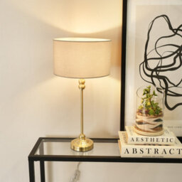 Valuelights Maggie Gold Metal Candlestick Slim Table Lamp With Natural Fabric Drum Lamp Shade And Led Bulb