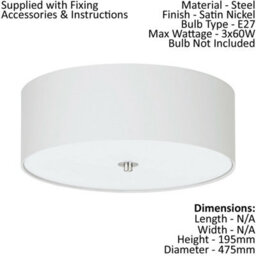 Elegant Satin Nickel Flush Ceiling Light With White Fabric Shade - thumbnail 2