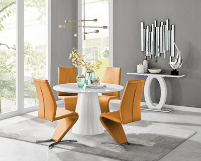 Furniturebox Uk Palma White High Gloss Round Dining Table & 4 Mustard Willow Chairs - image 1