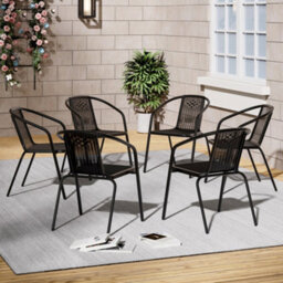 Living And Home 6 Pcs Black Vintage Style Stacking Rattan Patio Garden Chairs Outdoor Armchairs With Metal Frame - thumbnail 2