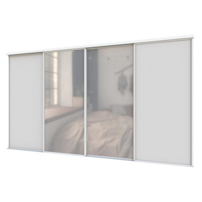 A-Class Sliding Doors Set Of 4 Light Grey & Mirror Sliding Wardrobe Door Kit, White Frame & Tracks, Opening Height (H) 225-226Cm & Width (W) 359-360Cm - image 1