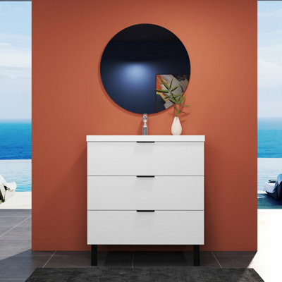 Sline 790mm Wall Mounted Matte White Bathroom Vanity Unit With Artificial Stone Basin,3 Soft Close Drawers For Storage,flat Packed - image 1