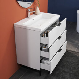 Sline 790mm Wall Mounted Matte White Bathroom Vanity Unit With Artificial Stone Basin,3 Soft Close Drawers For Storage,flat Packed - thumbnail 6