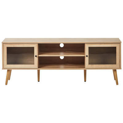 Wyld And Coco Light Brown Particle Board Tv Stand With Tempered Glass Doors And Pine Legs - Wide Minimalist Design - image 1